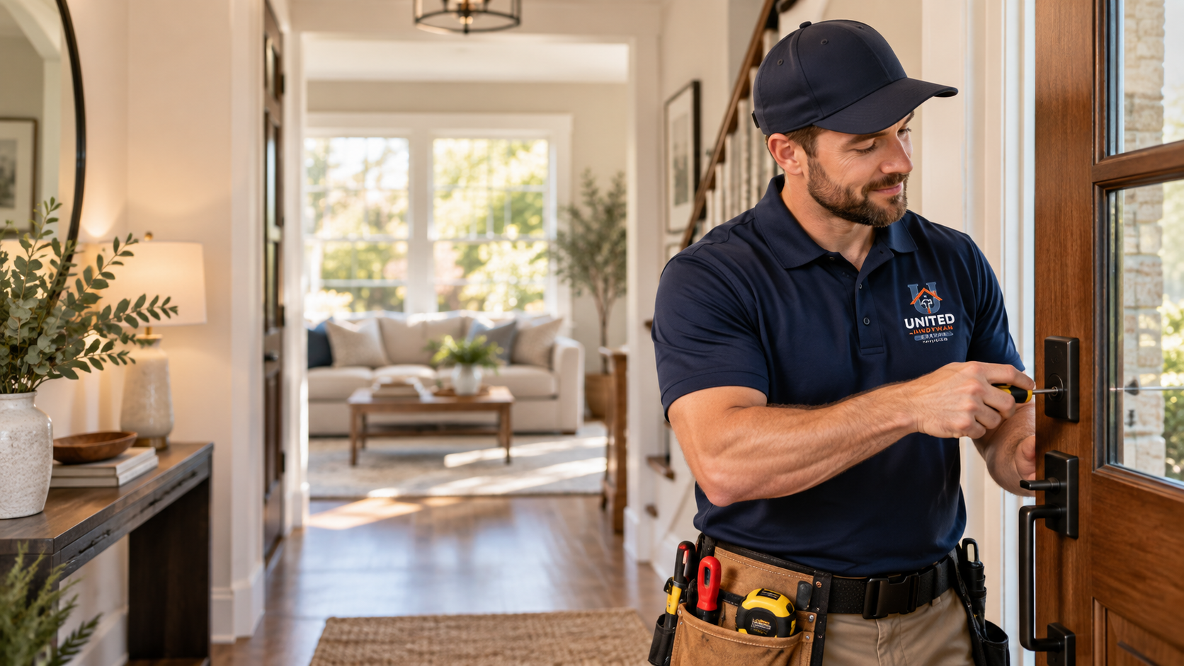 UHS technician working on the lock of a home's front door