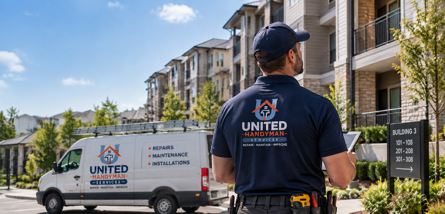 UHS technician arriving at a multifamily property for maintenance work