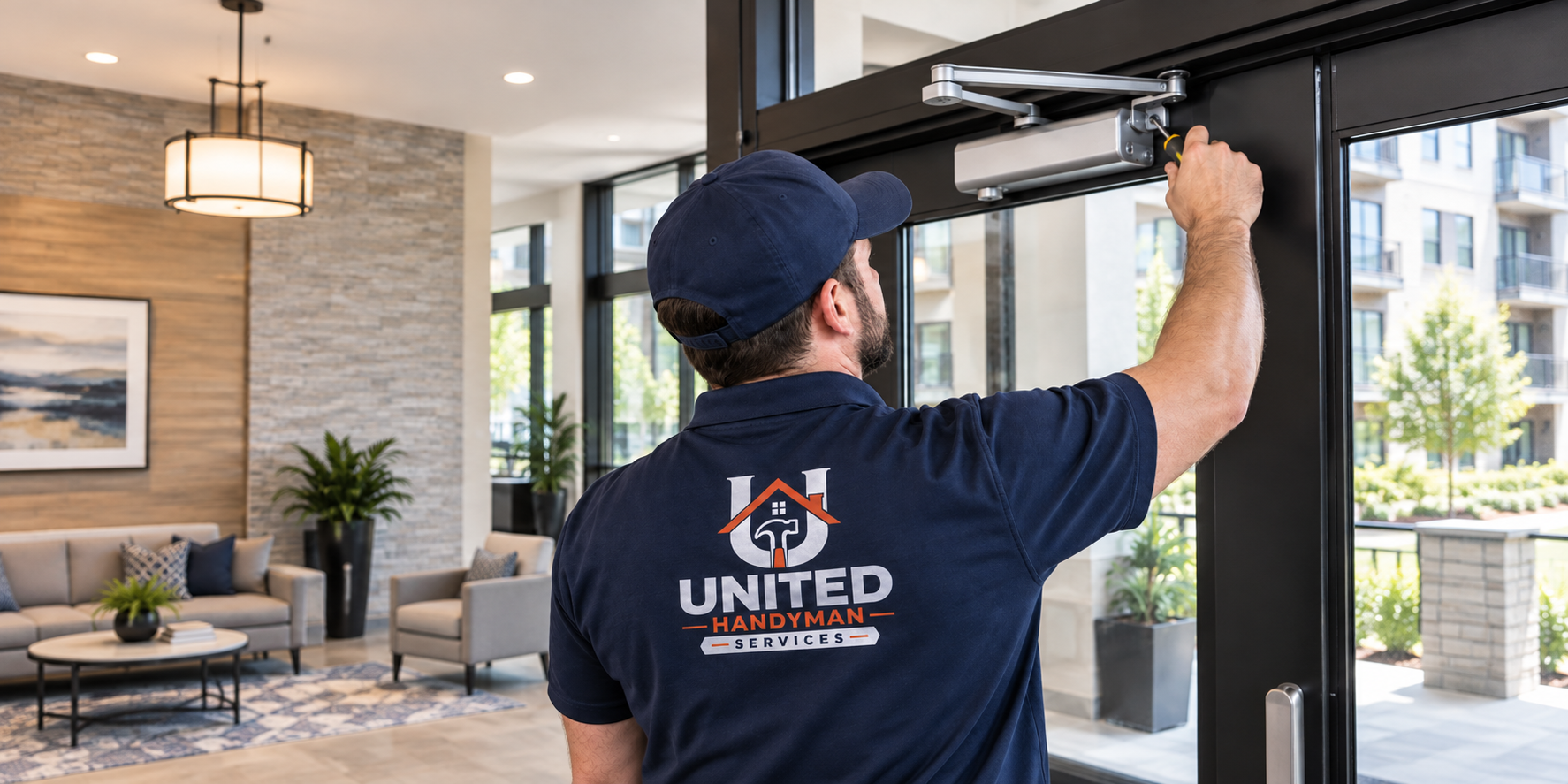 UHS technician repairing a door closer in an apartment lobby