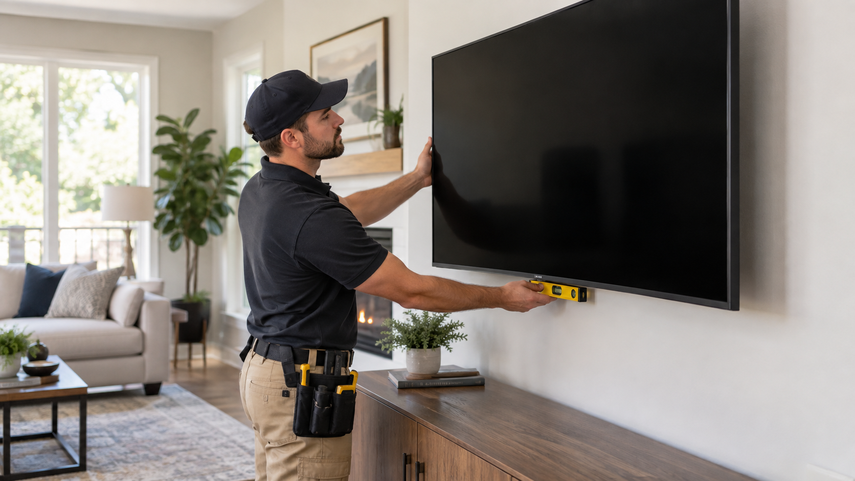 Technician mounting a television in a bright living room