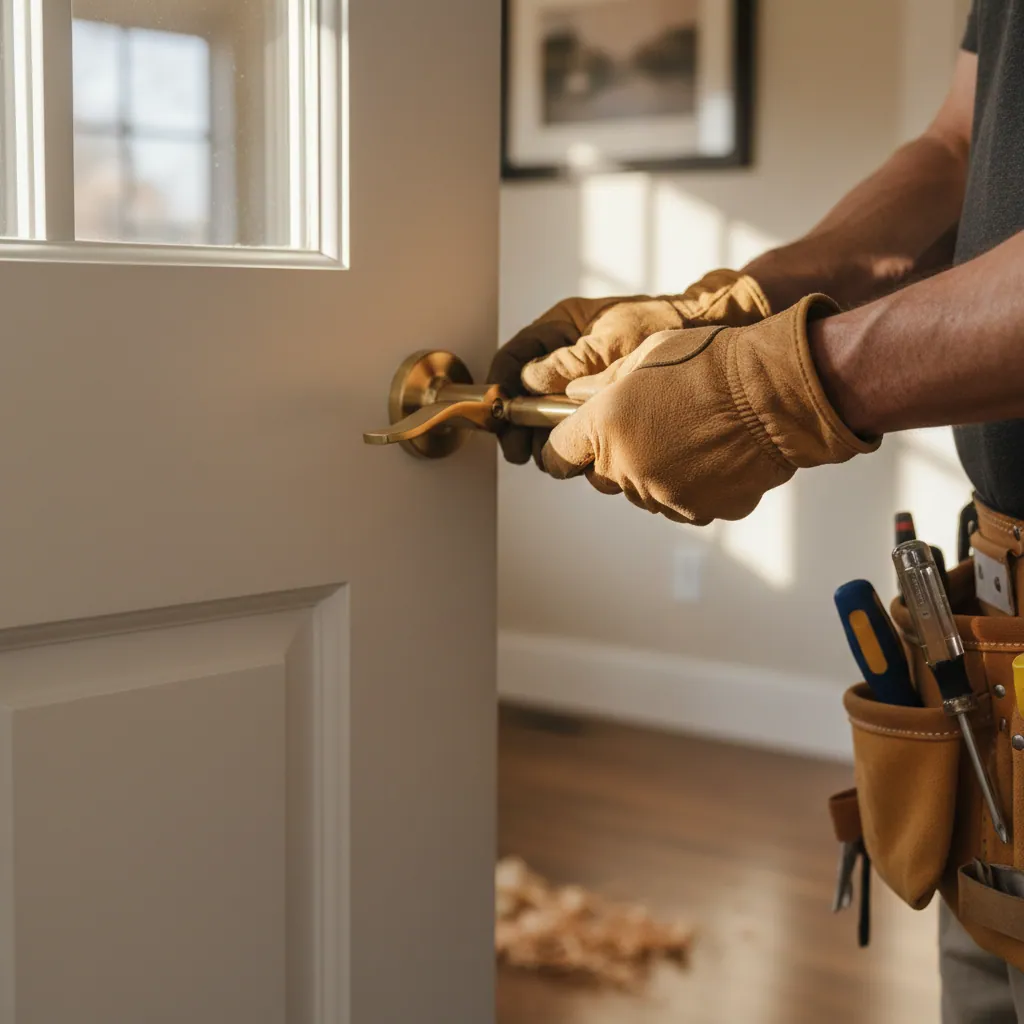 Technician working on residential door hardware